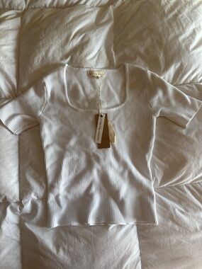 Ribbed Scoop Neck Short Sleeve Top - White